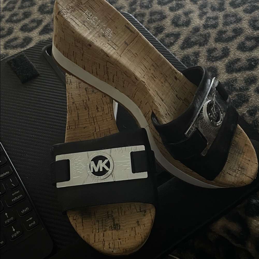 Michael Kors Black Slide Sandals with Silver MK Plaque